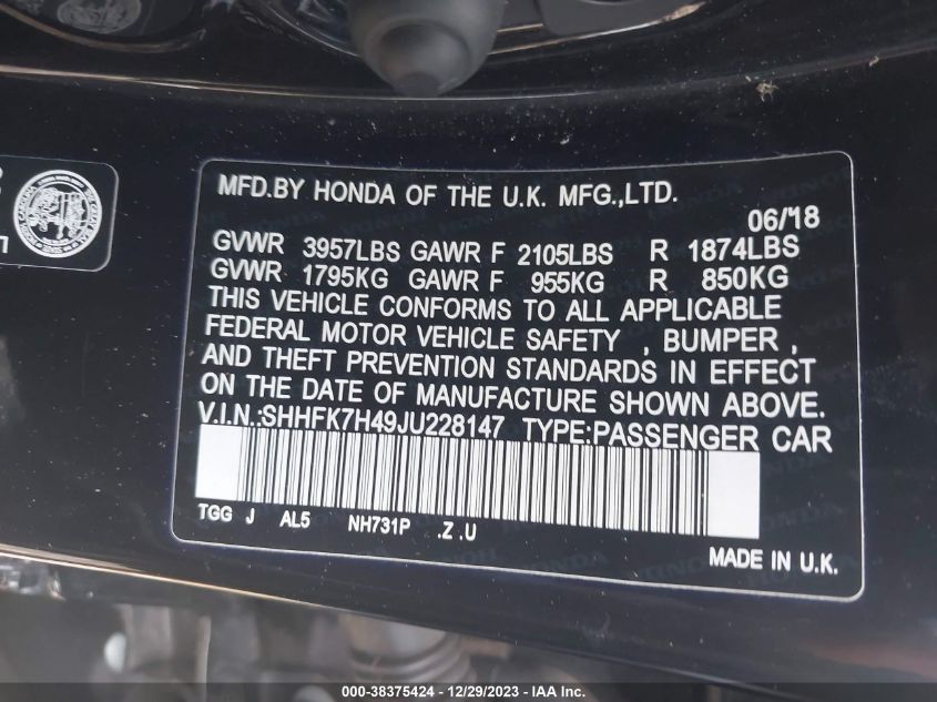 2018 HONDA CIVIC SPORT - SHHFK7H49JU228147