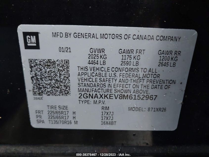 2021 CHEVROLET EQUINOX FWD LT - 2GNAXKEV8M6152967