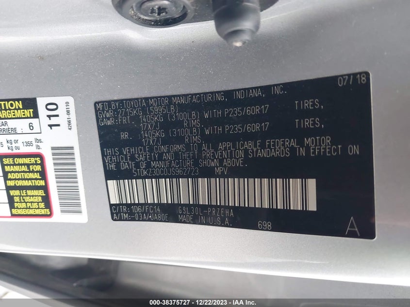 VIN 5TDKZ3DC0JS962723 2018 TOYOTA SIENNA LE