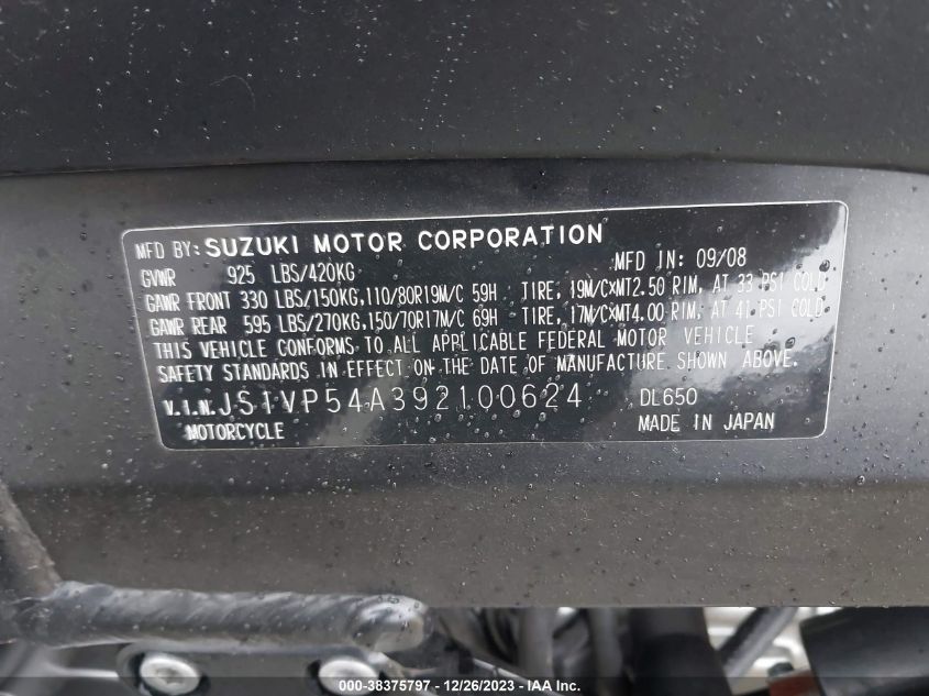 2009 SUZUKI DL650 JS1VP54A392100624