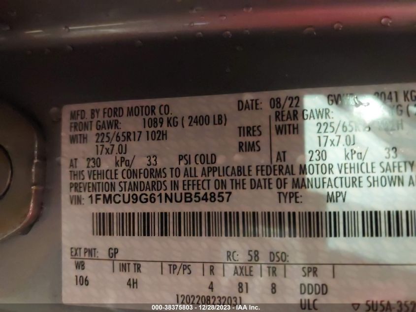 2022 FORD ESCAPE SE - 1FMCU9G61NUB54857