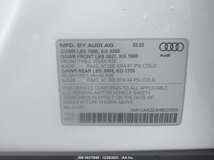 2022 AUDI E-TRON SPORTBACK PRESTIGE S LINE QUATTRO WA13AAGE4NB025555