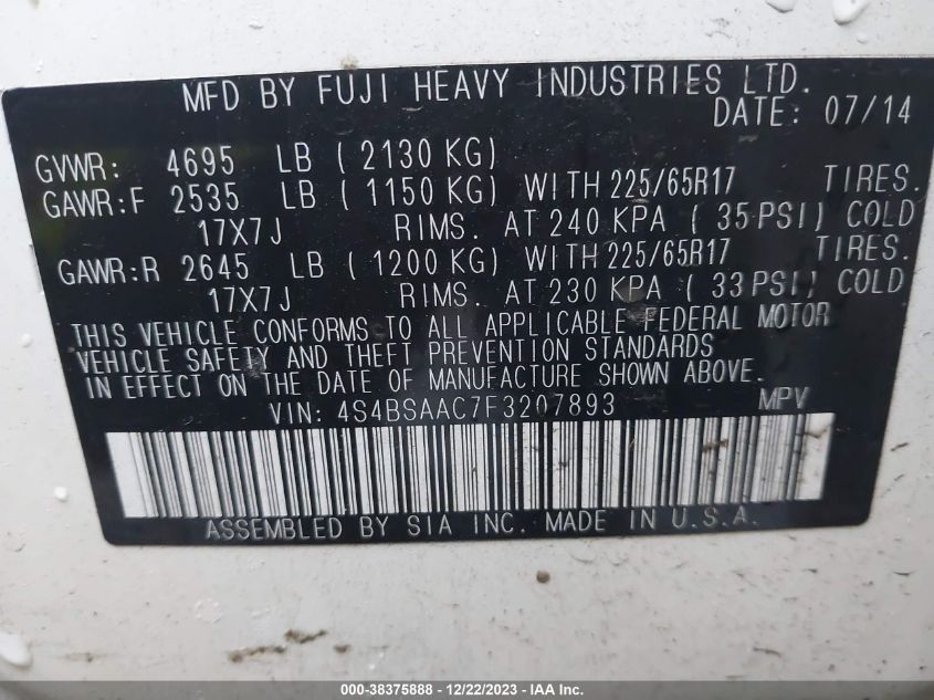 2015 SUBARU OUTBACK 2.5I - 4S4BSAAC7F3207893