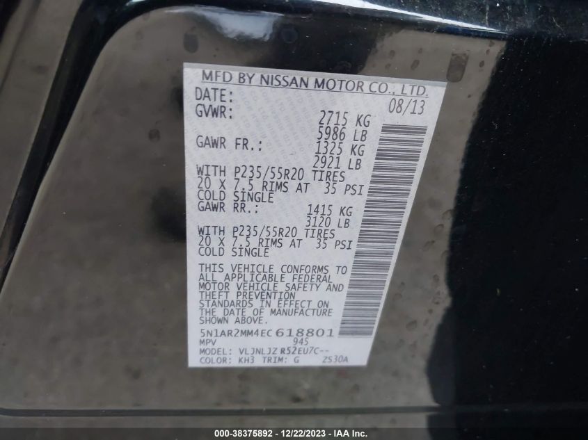 2014 NISSAN PATHFINDER PLATINUM - 5N1AR2MM4EC618801