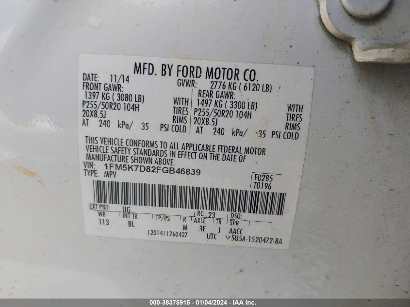 2015 FORD EXPLORER XLT - 1FM5K7D82FGB46839