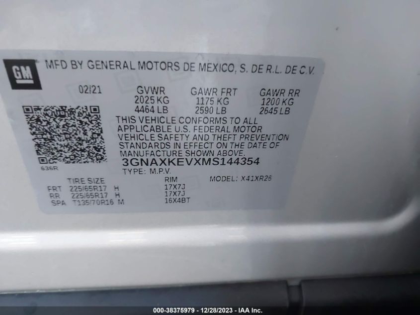 2021 CHEVROLET EQUINOX FWD LT - 3GNAXKEVXMS144354