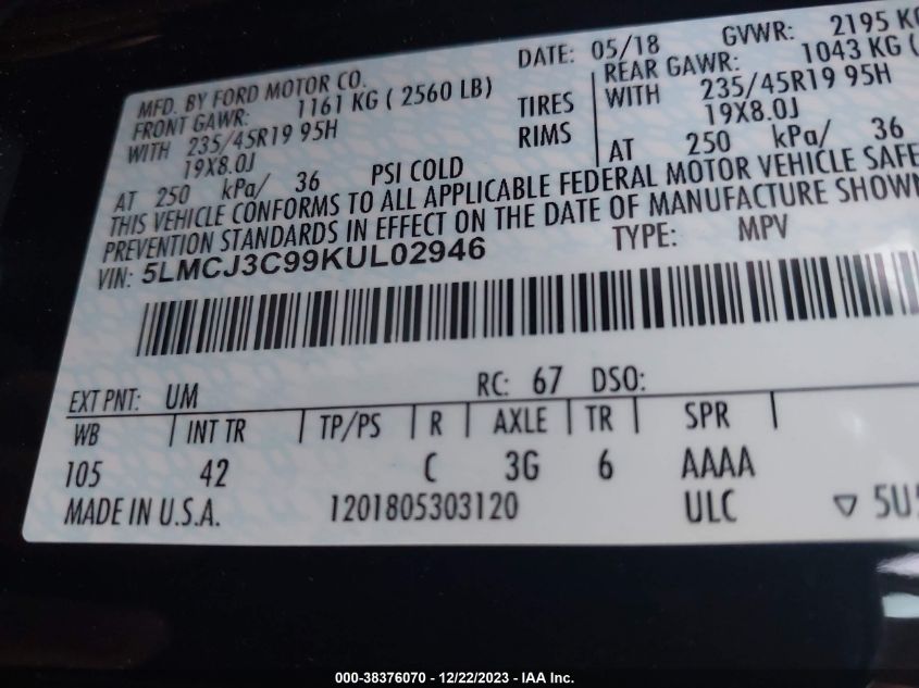 2019 LINCOLN MKC RESERVE - 5LMCJ3C99KUL02946