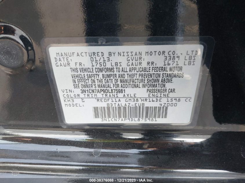 2013 NISSAN VERSA S/S PLUS/SV/SL - 3N1CN7AP9DL875981