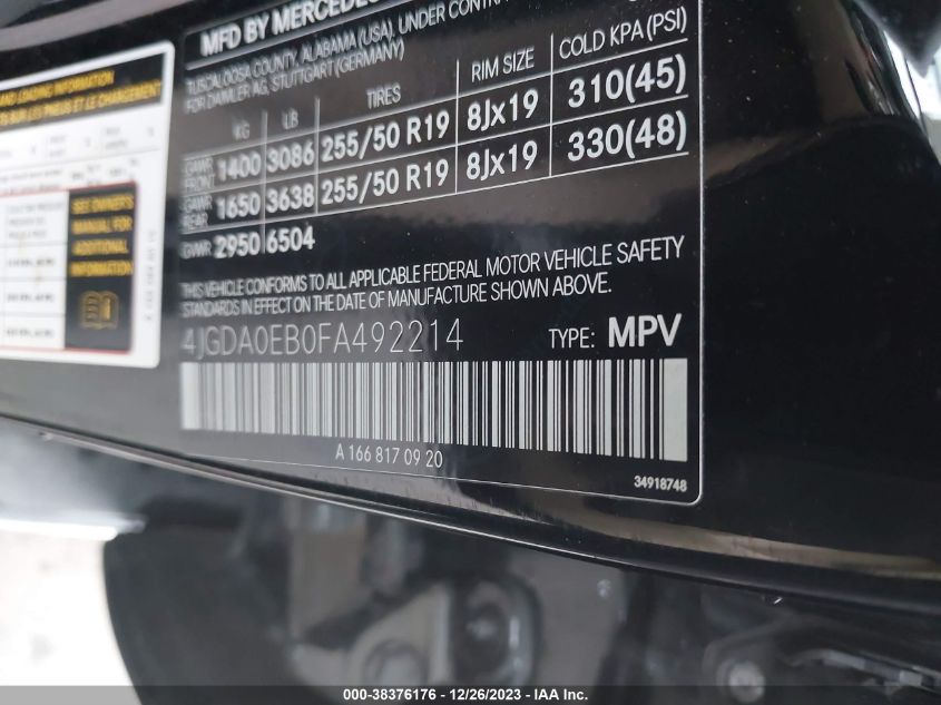 2015 MERCEDES-BENZ ML 250 BLUETEC 4MATIC 4JGDA0EB0FA492214