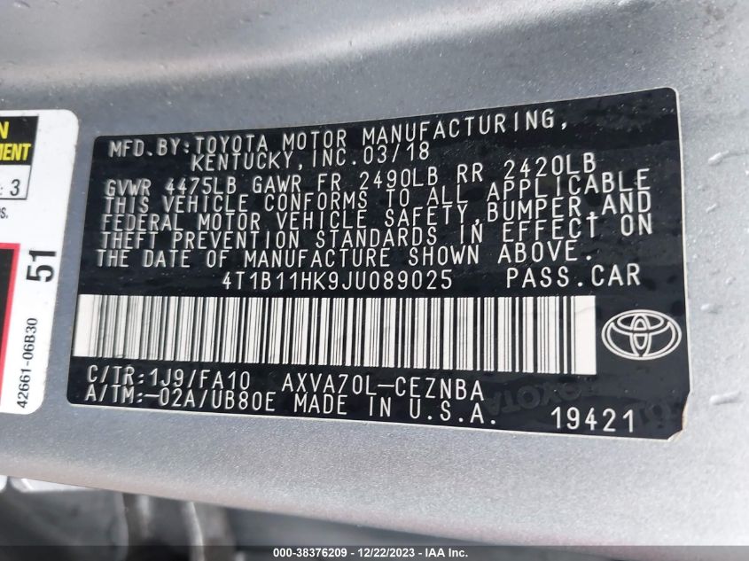 2018 TOYOTA CAMRY L/LE/XLE/SE/XSE - 4T1B11HK9JU089025
