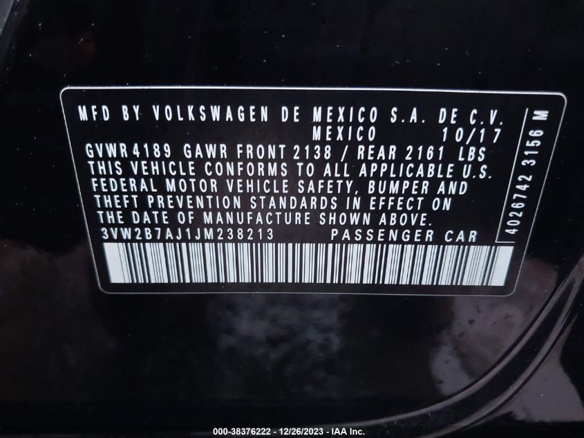 2018 VOLKSWAGEN JETTA 1.4T S - 3VW2B7AJ1JM238213