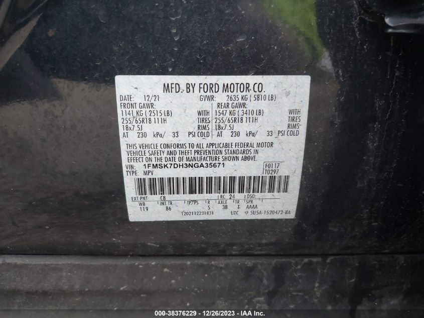 2022 FORD EXPLORER XLT - 1FMSK7DH3NGA35671