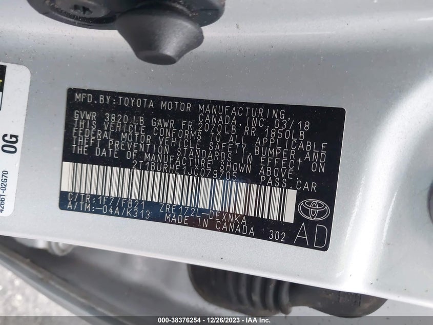 VIN 2T1BURHE1JC079705 2018 TOYOTA COROLLA L/LE/XLE/SE/XSE