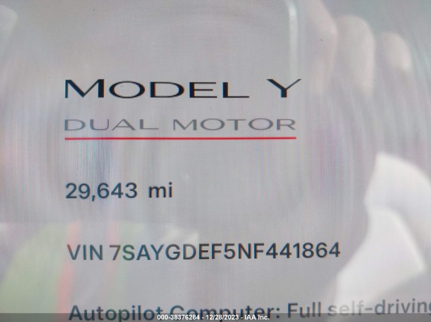 2022 TESLA MODEL Y - 7SAYGDEF5NF441864