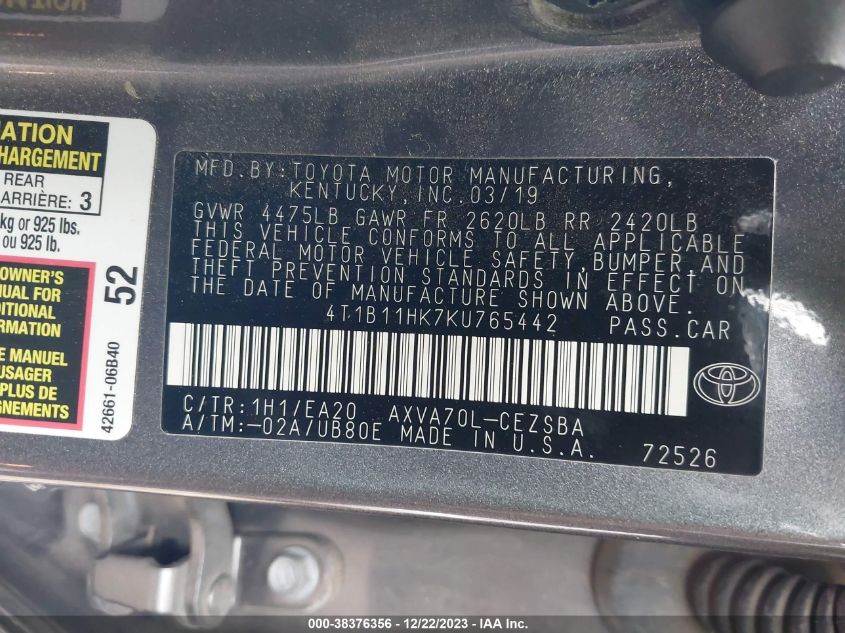 2019 TOYOTA CAMRY L/LE/XLE/SE/XSE - 4T1B11HK7KU765442