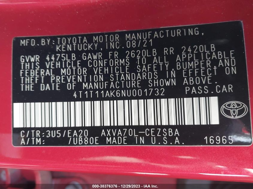2022 TOYOTA CAMRY SE - 4T1T11AK6NU001732