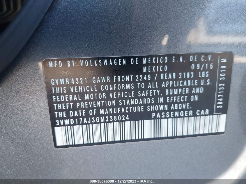 2016 VOLKSWAGEN JETTA 1.8T SPORT - 3VWD17AJ3GM238024