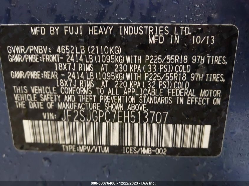 2014 SUBARU FORESTER 2.0XT TOURING - JF2SJGPC7EH513707