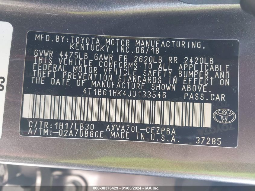 2018 TOYOTA CAMRY XSE - 4T1B61HK4JU133546