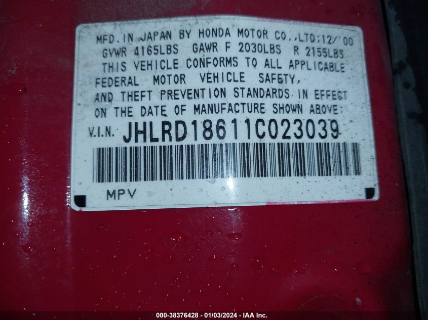 JHLRD18611C023039 | 2001 HONDA CR-V