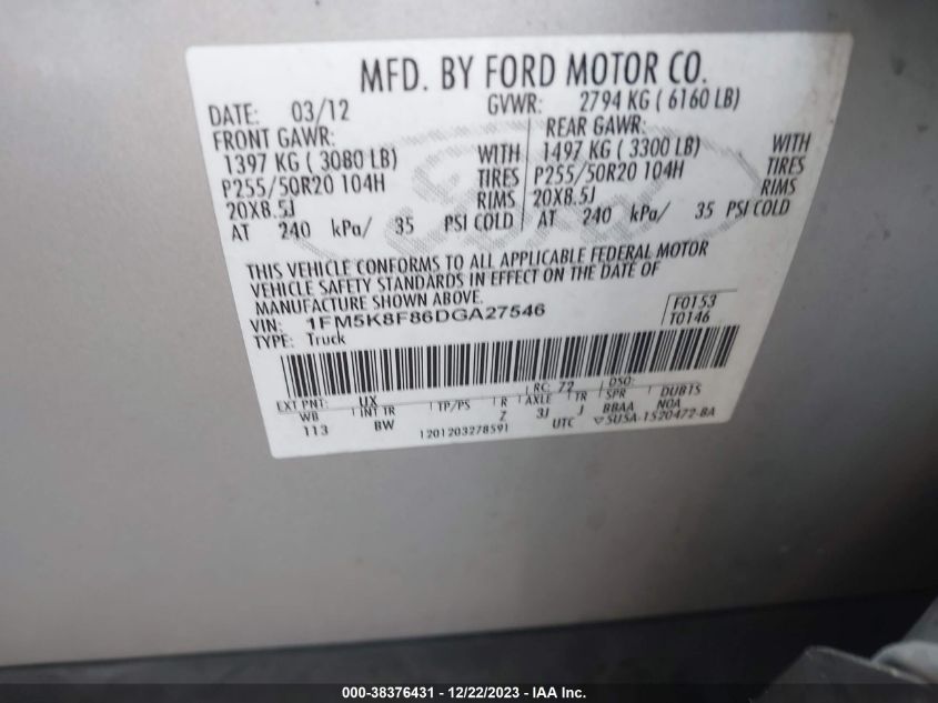2013 FORD EXPLORER LIMITED - 1FM5K8F86DGA27546
