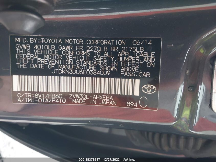 2014 TOYOTA PRIUS THREE - JTDKN3DU6E0384009