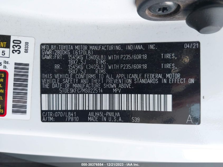 5TDESKFC7MS022514 2021 TOYOTA SIENNA, photo no. 9