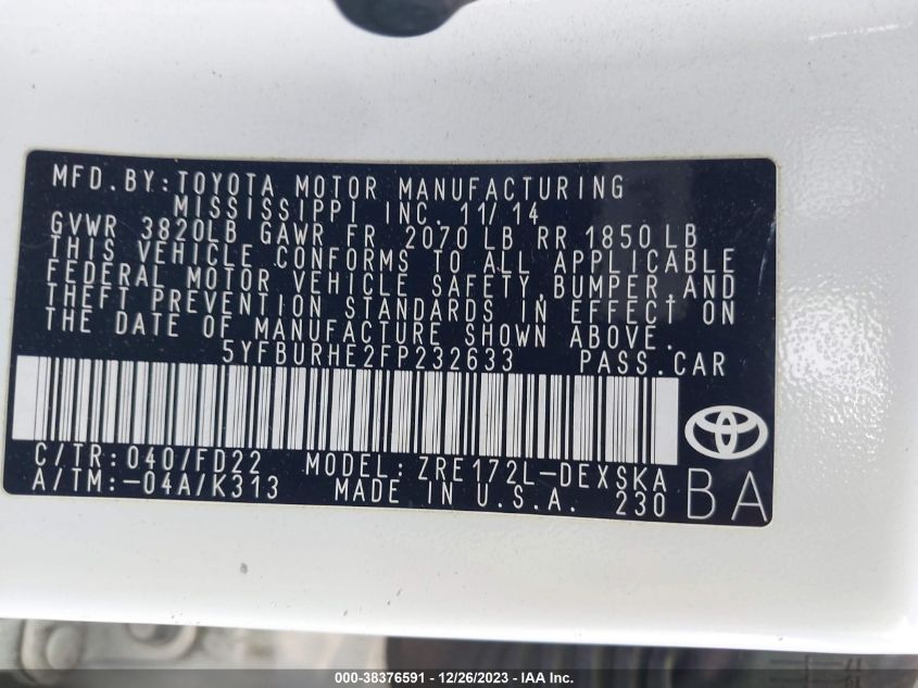2015 TOYOTA COROLLA L/LE/LE PLS/PRM/S/S PLS - 5YFBURHE2FP232633