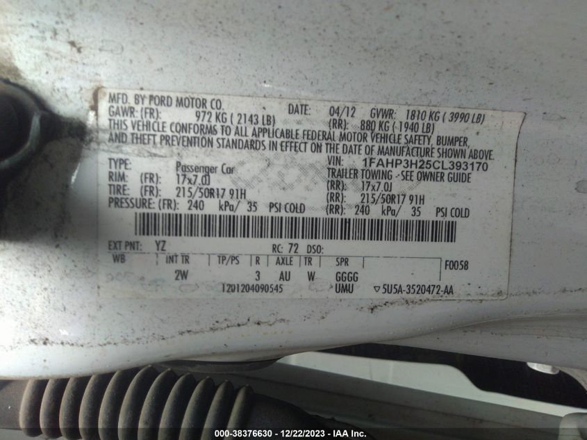 1FAHP3H25CL393170 | 2012 FORD FOCUS