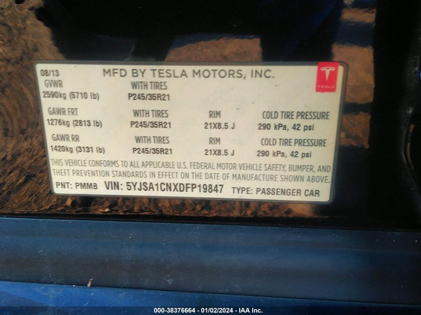 2013 TESLA MODEL S - 5YJSA1CNXDFP19847