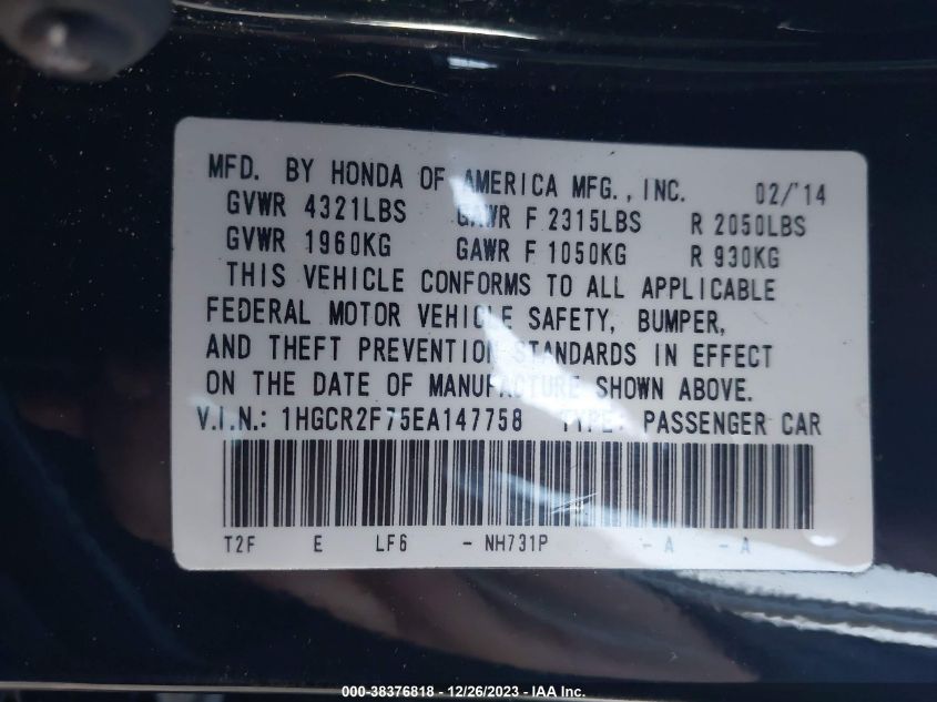 2014 HONDA ACCORD EX - 1HGCR2F75EA147758