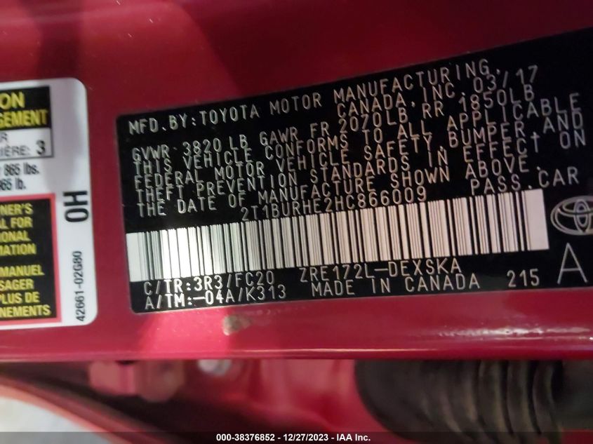 2017 TOYOTA COROLLA L/LE/XLE/SE/XSE - 002T1BURHE2HC8660