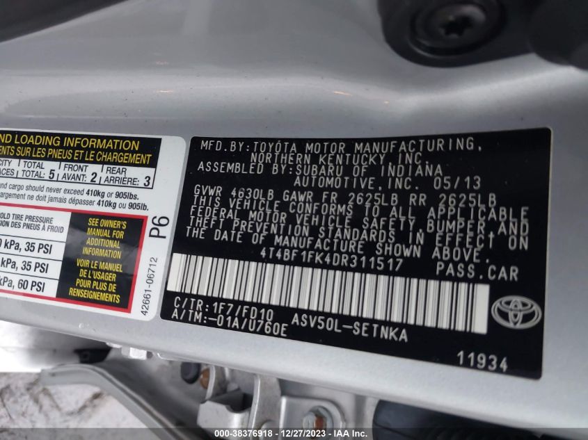 2013 TOYOTA CAMRY L/SE/LE/XLE - 4T4BF1FK4DR311517