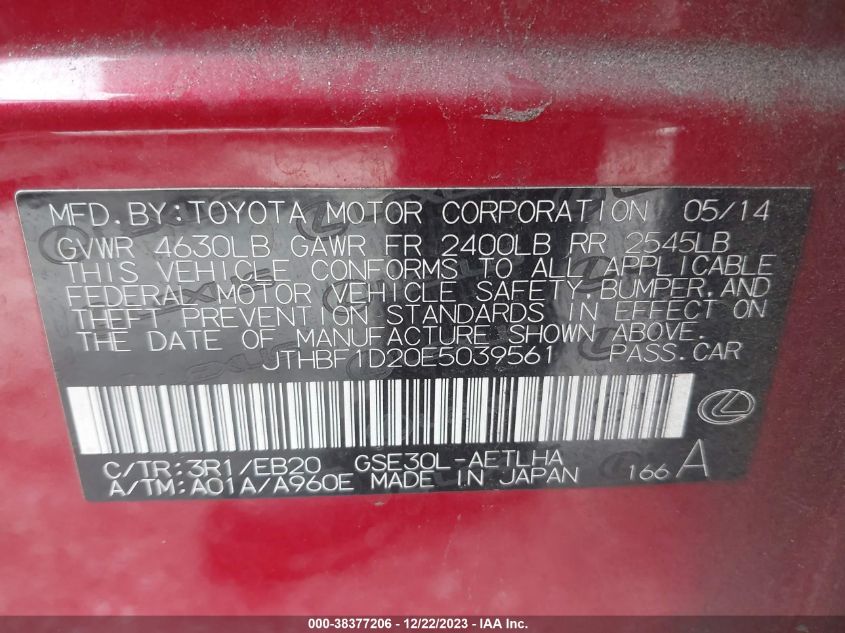 2014 LEXUS IS 250 - JTHBF1D20E5039561