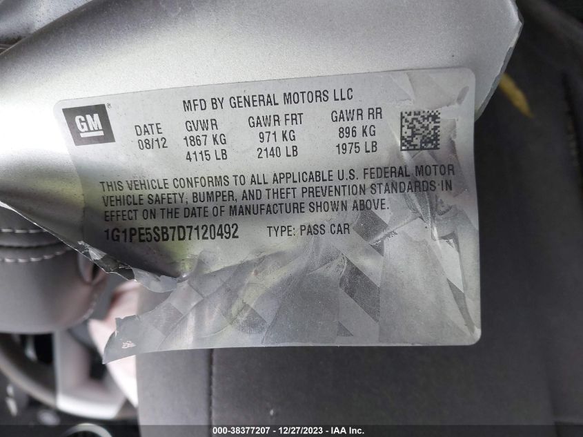 2013 CHEVROLET CRUZE 2LT AUTO 1G1PE5SB7D7120492
