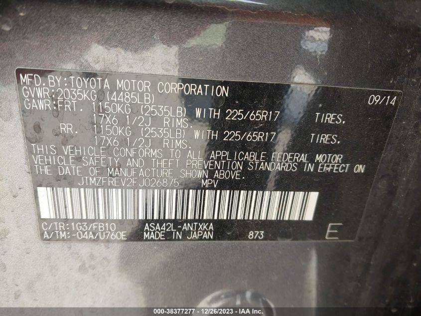 2015 TOYOTA RAV4 LE - JTMZFREV2FJ026875
