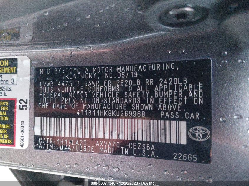 2019 TOYOTA CAMRY SE - 4T1B11HK8KU269968