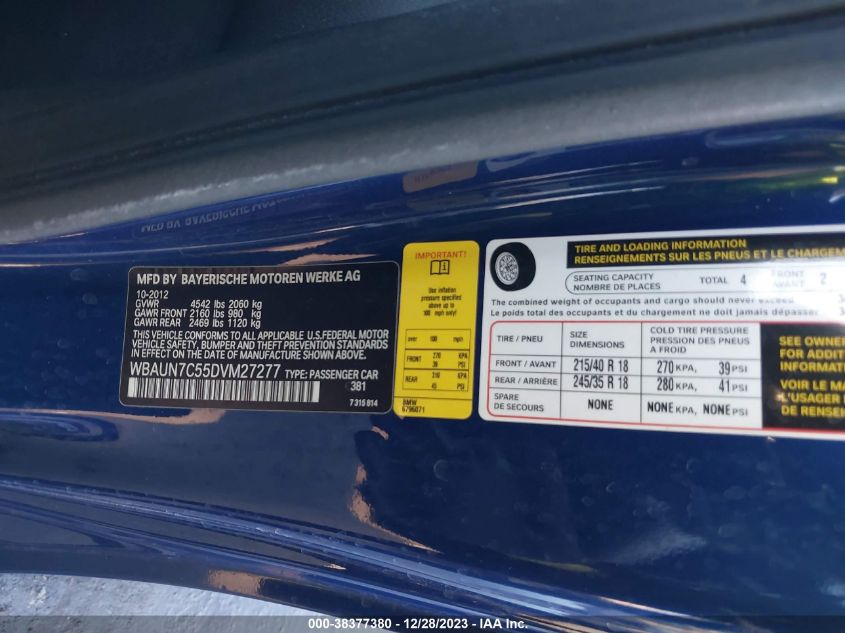 2013 BMW 135I WBAUN7C55DVM27277