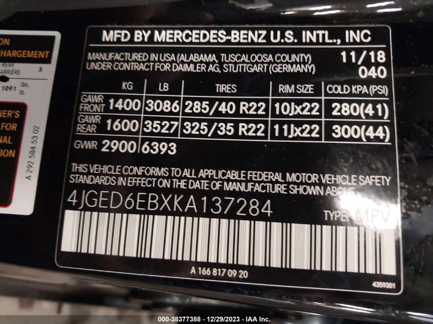 2019 MERCEDES-BENZ AMG GLE 43 COUPE 4MATIC 4JGED6EBXKA137284