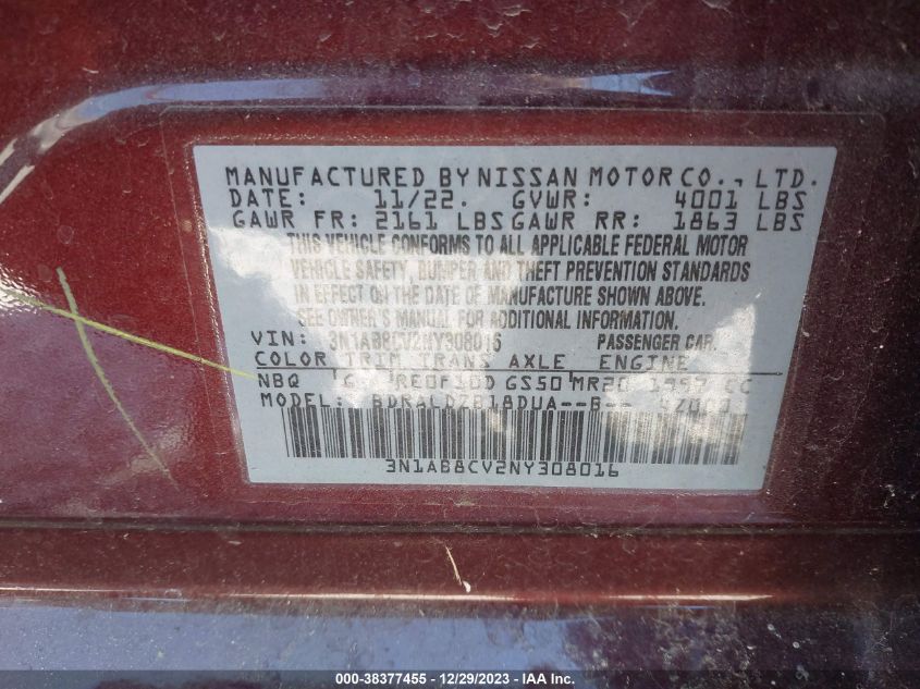 2022 NISSAN SENTRA SV XTRONIC CVT - 3N1AB8CV2NY308016