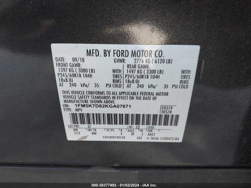 VIN 1FM5K7D82KGA07871 2019 FORD EXPLORER XLT