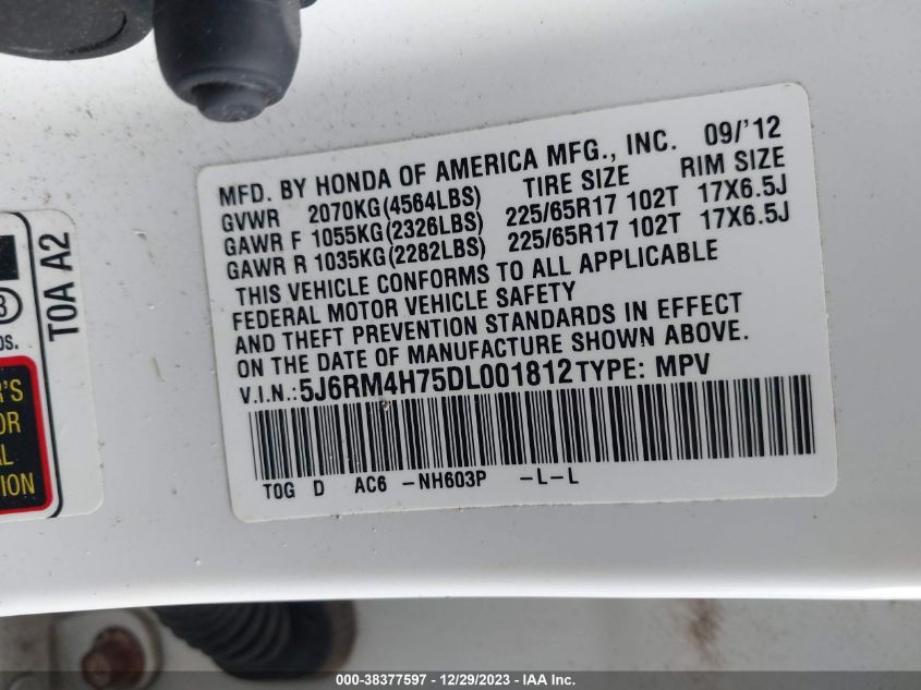 2013 HONDA CR-V EX-L - 5J6RM4H75DL001812