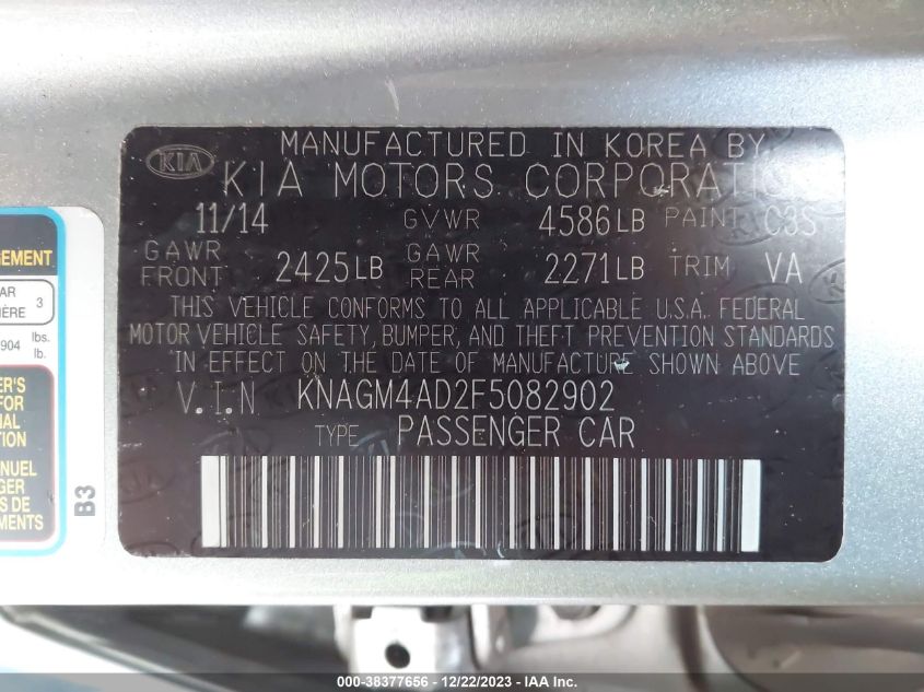 2015 KIA OPTIMA HYBRID - KNAGM4AD2F5082902