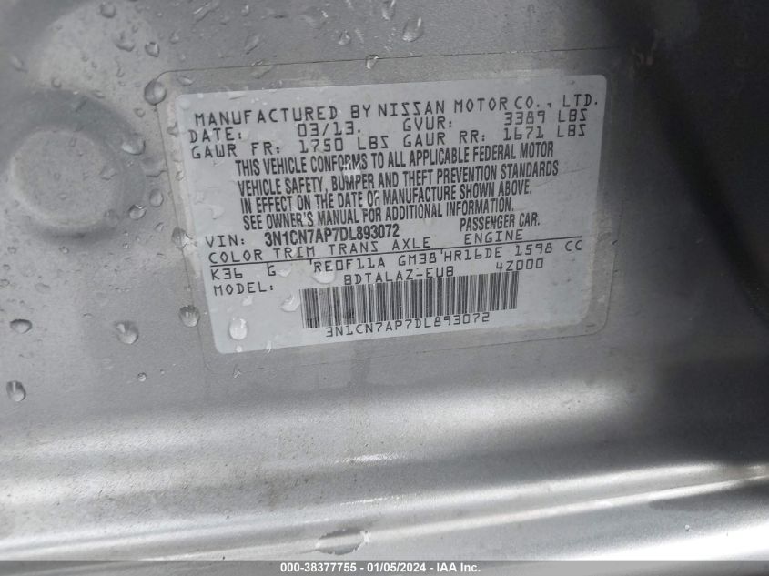2013 NISSAN VERSA 1.6 S+ - 3N1CN7AP7DL893072