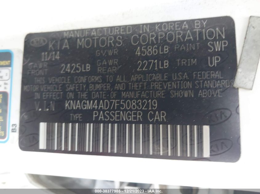 2015 KIA OPTIMA HYBRID - KNAGM4AD7F5083219