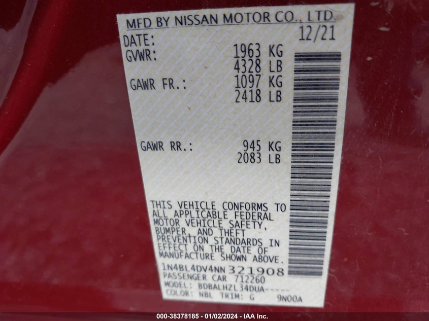VIN 1N4BL4DV4NN321908 2022 NISSAN ALTIMA SV