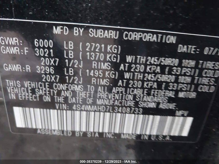 VIN 4S4WMAHD7L3408733 2020 SUBARU ASCENT PREMIUM