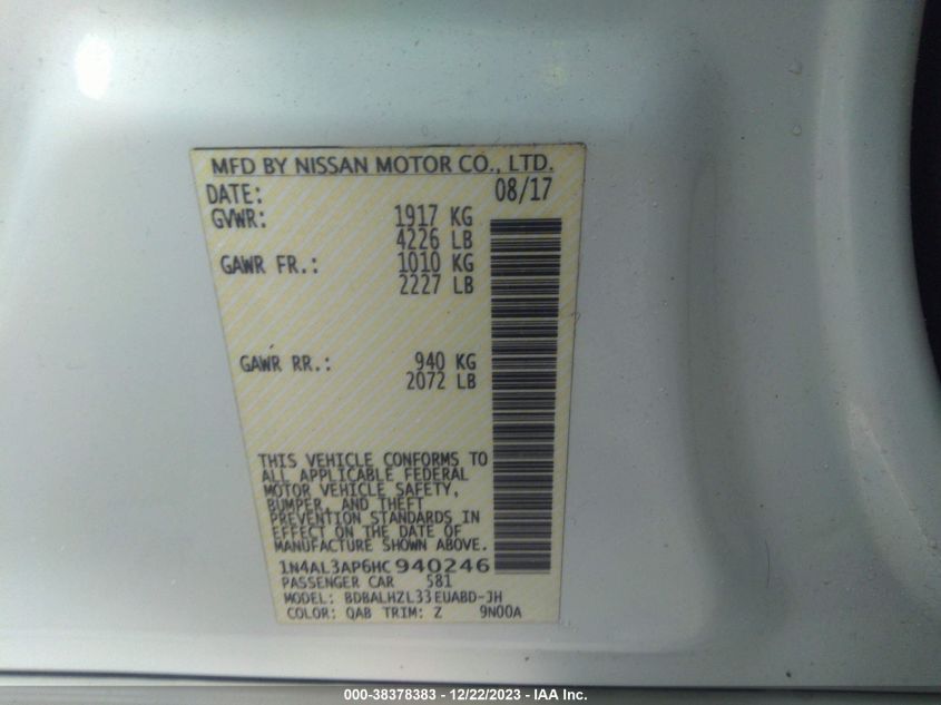 2017 NISSAN ALTIMA 2.5/S/SV/SL/SR - 1N4AL3AP6HC940246