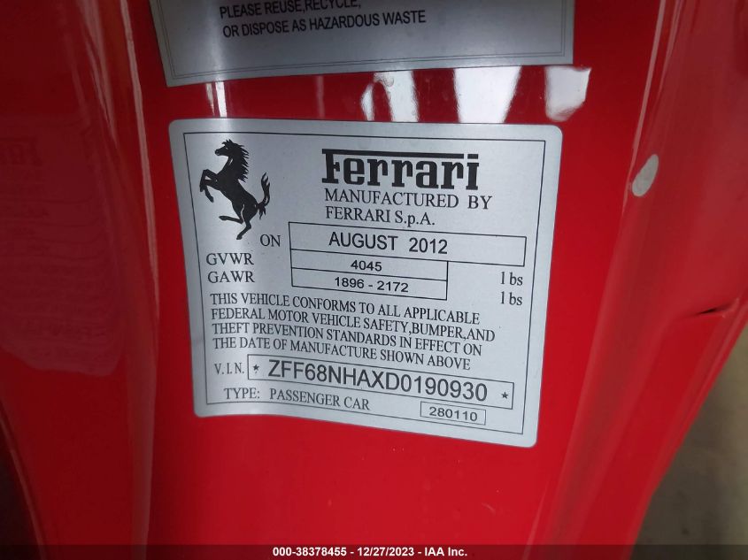 2013 FERRARI 458 SPIDER ZFF68NHAXD0190930