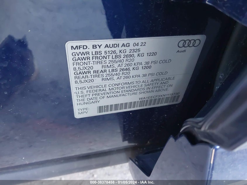 VIN WA1EECF3XN1115730 2022 AUDI Q3 PREMIUM PLUS S LINE 45